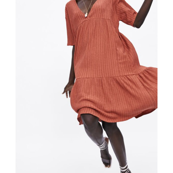 Zara Dresses Zara Textured Weave Dress With Ruffle In Orange Size